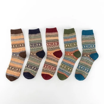 5 двойки/компл. Есенно-зимни мъжки и женски дебели памучни ластични чорапи от полиестерни влакна в етнически стил ретро с квадратна тръба средна