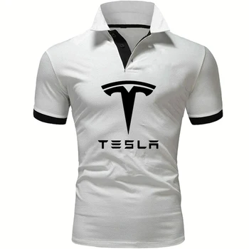 НОВ Висококачествен Мъжки обикновен къс ръкав с Логото на автомобил Tesla, Летни Мъжки блузи от чист памук, Ежедневни Мъжки поло риза