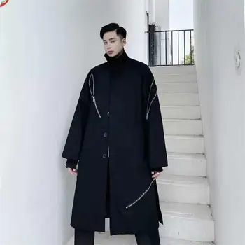 Нова мъжки ветровка, дълга козина, черен нередовен дизайн с цип, градска младежка мода-палто-ветровка голям размер